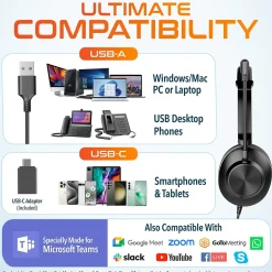 New Delton 30Y MS Teams Noise-Canceling On-Ear Mono Computer Headset, USB Type-A & Type-C, Black (DWH30Y)