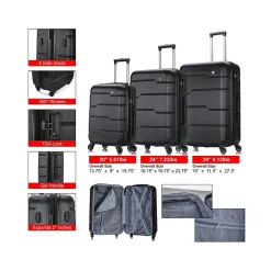 Rodez 3-Piece Hardside Spinner Luggage Set, TSA Checkpoint Friendly, (DKRODSML-BLK)<DUKAP Discount