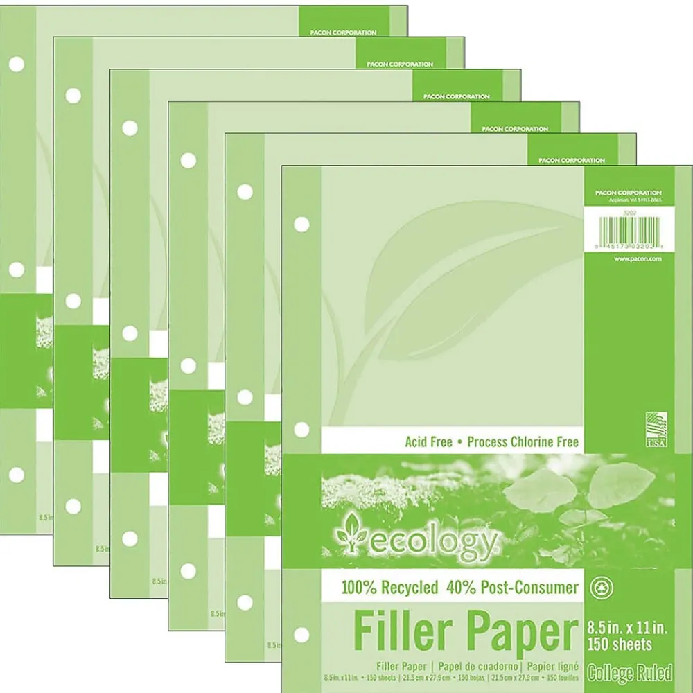 Filler Paper|Ecology College Ruled Filler Paper, 8.5" x 11", 3-Hole Punched, 150 Sheets/Pack, 6/Bundle (PAC3202-6)