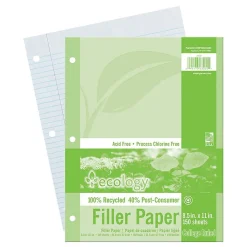 Filler Paper|Ecology College Ruled Filler Paper, 8.5" x 11", 3-Hole Punched, 150 Sheets/Pack, 6/Bundle (PAC3202-6)