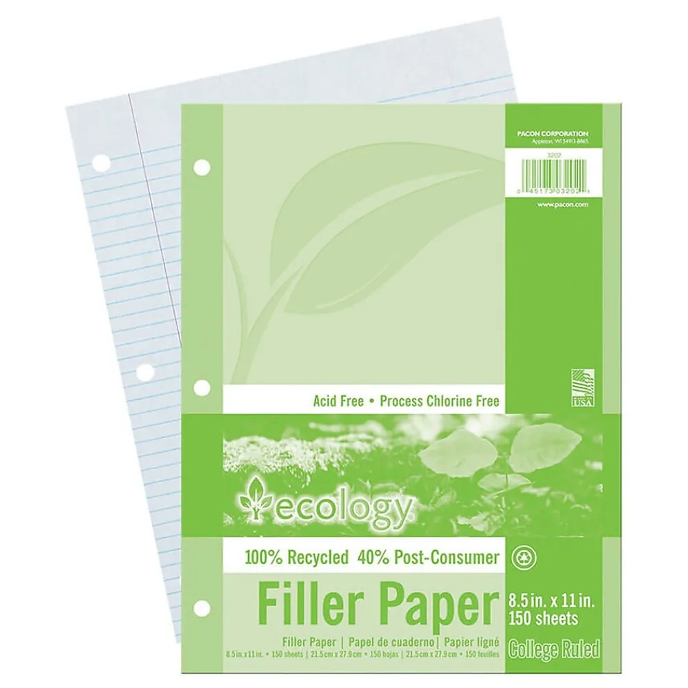 Filler Paper|Ecology College Ruled Filler Paper, 8.5" x 11", 3-Hole Punched, 150 Sheets/Pack, 6/Bundle (PAC3202-6)