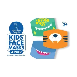 Educational Insights Reusable Face Masks, Kids, Dinosaur/Tiger/Shark, 3/Pack (8952)