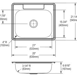 Elkay Dayton Stainless Steel 25" x 21-1/4" x 6-9/16", Single Bowl Top Mount Sink, Satin (D125213)
