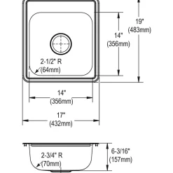 Elkay Dayton Stainless Steel 17" x 19" x 6-1/8", Single Bowl Top Mount Bar Sink, Satin (D117193)