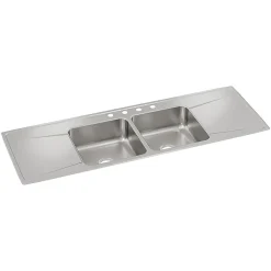 Elkay Lustertone Classic 4-Hole Double-Bowl Drop-in Sink with Drainboard, 22" x 66" x 7.63", Stainless Steel, Lustrous Satin