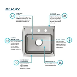 Elkay Lustertone Classic 3-Hole Single-Bowl Drop In Sink, 5.5" x 19" x 18", Stainless Steel, Lustrous Satin (LRAD1918553)