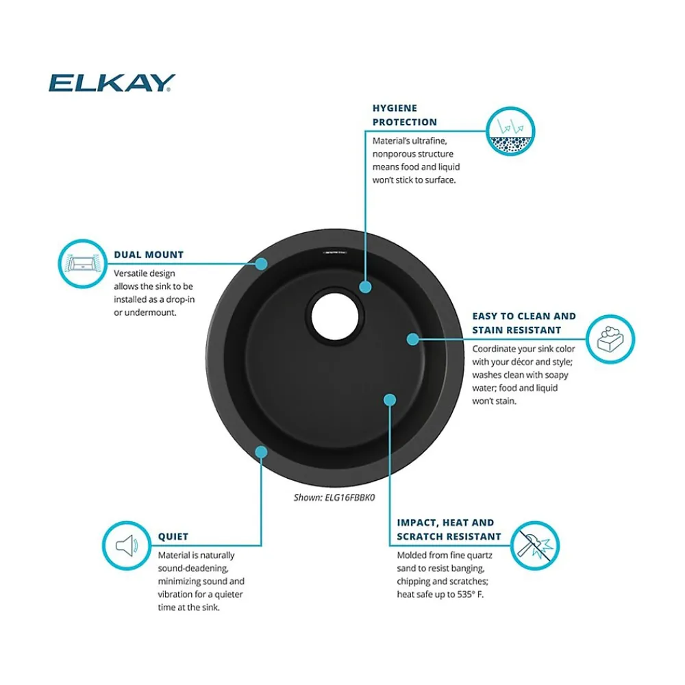 Elkay Quartz Classic Single-Bowl Drop In/Undermount Kitchen Sink, 18.13" x 18.13" x 7.5", Quartz, Black (ELG16FBBK0)