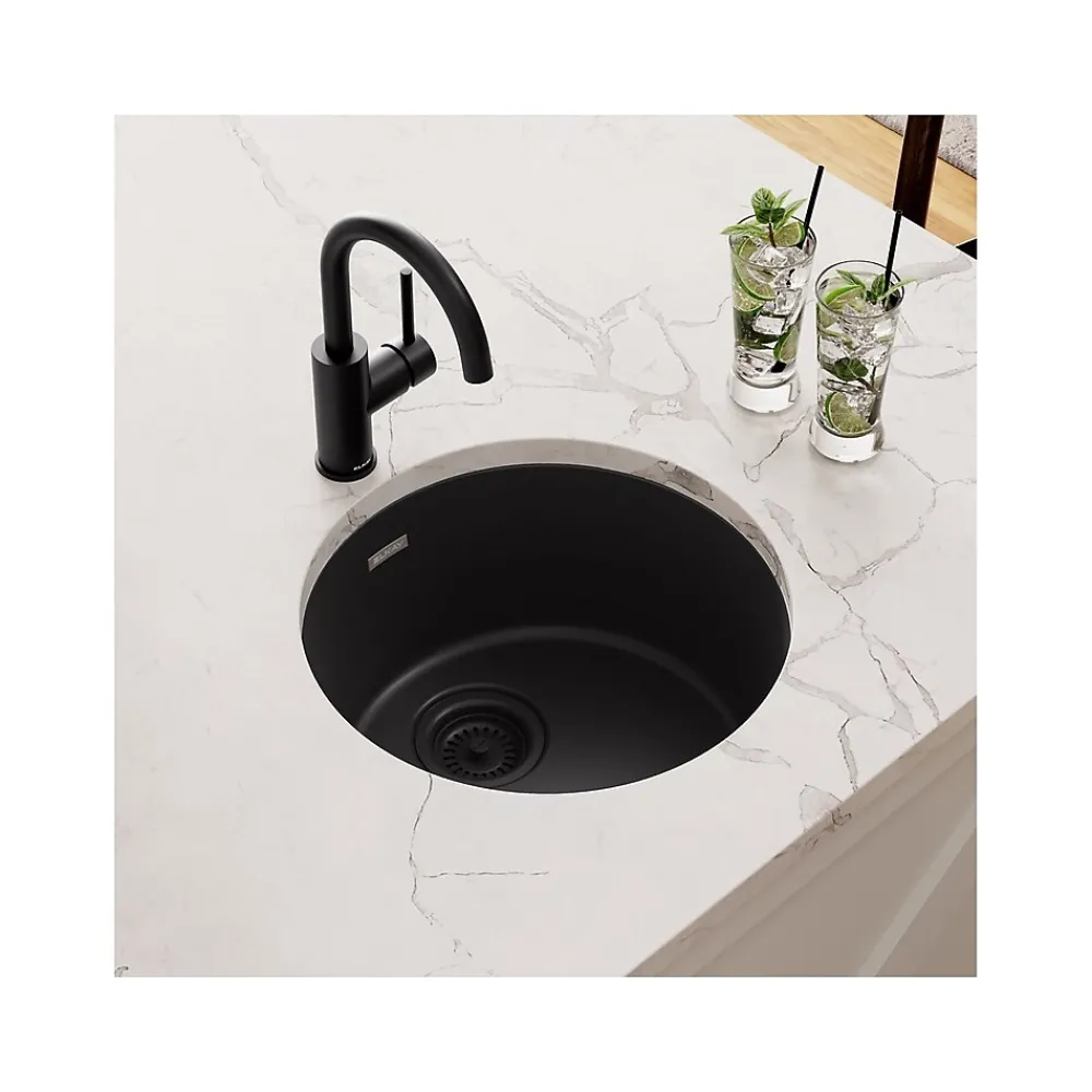 Elkay Quartz Classic Single-Bowl Drop In/Undermount Kitchen Sink, 18.13" x 18.13" x 7.5", Quartz, Black (ELG16FBBK0)