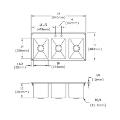 Elkay Triple-Bowl Drop-In Kitchen Sink, 19" x 37" x 10", Stainless Steel, Silver (DI-3C-101410X)