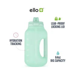 ello Hydra Time Markers Plastic Water Bottle with Straw, 64 oz., Yucca (299-0826-025-2)