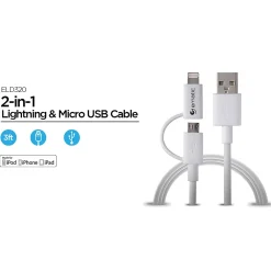 Charge and Sync 2-in-1 Lightning and Micro USB to USB-A Cable, 3 ft., White, (ELD320)<Ematic