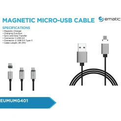 Magnetic Micro USB to USB-A Cable for Android Devices, 3 ft., Black (EUTCMG401)<Ematic Sale