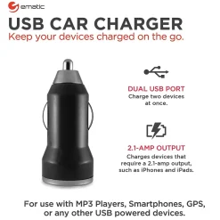 Ematic 2-Port USB-A Car Charger, 2.1-Amp, Black, (ECC08BL)