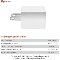 2-Port USB-A Wall Charger, 2.1-Amp, White, (ECW06WH)<Ematic Online