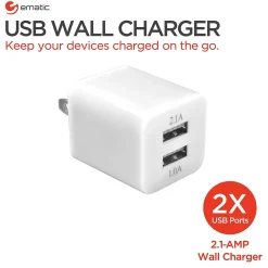 2-Port USB-A Wall Charger, 2.1-Amp, White, (ECW06WH)<Ematic Online