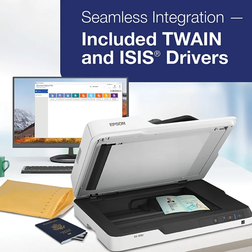 Epson DS-1630 Flatbed Color Document Scanner, White (B11B239201)