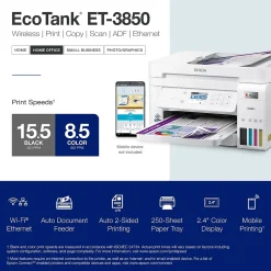 Epson EcoTank ET-3850 Wireless Color All-in-One Cartridge-Free Supertank Printer, White (Refurbished)