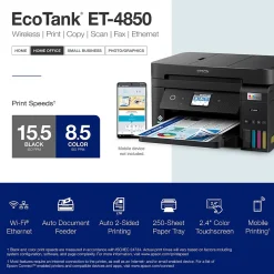 Epson EcoTank ET-4850-B Wireless Color Inkjet Printer, All-In-One Supertank, Print, Scan, Copy, Fax (9472544)