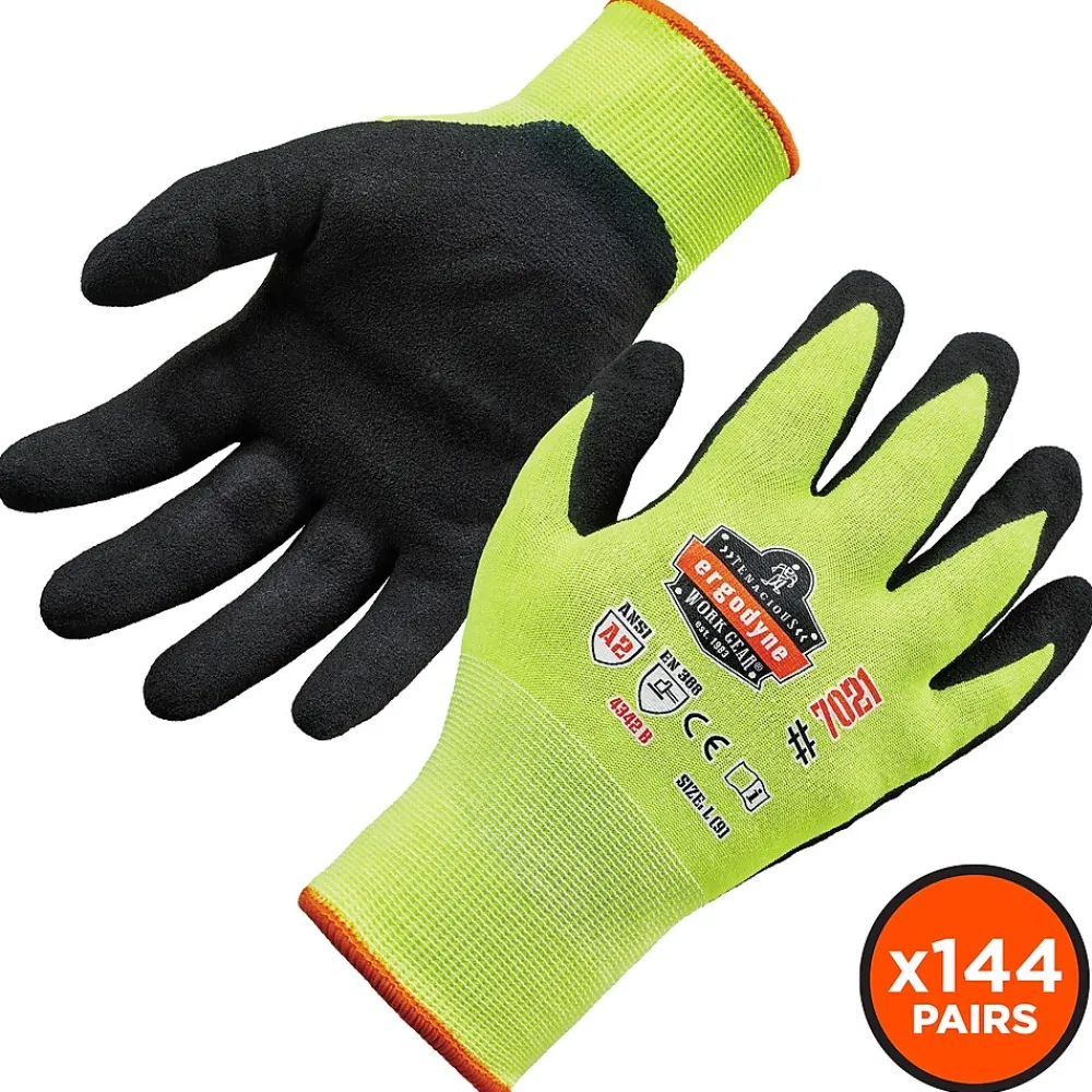 Ergodyne ProFlex 7021 Hi-Vis Nitrile Coated Cut-Resistant Gloves, ANSI A2, Wet Grip, Lime, XXL, 144 Pairs (17966)