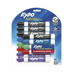 Markers|Expo Classroom Pack Dry Erase Markers, Chisel Tip, Assorted Colors, 12/Pack (2097872)