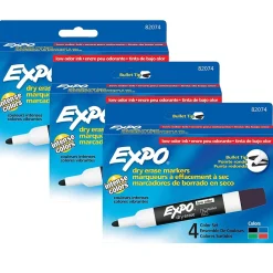 Markers|Expo ® Low Odor Dry Erase Markers, Bullet tip, Assorted Colors, 4 Per Pack, 3 Packs, (SAN82074-3)