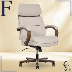Office Chairs*Finch NEO TWO Ergonomic Vegan Leather/Wood Swivel Executive Chair, Cream (52373-CRM)