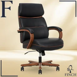 Office Chairs*Finch NEO TWO Ergonomic Vegan Leather/Wood Swivel Executive Chair, Black (52373-BLK)