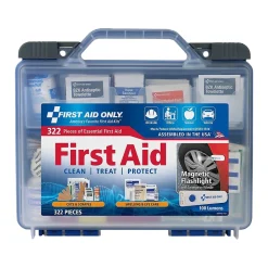 First Aid Only Plastic First Aid Kit with Magnetic Flashlight, 50 People, 322 Pieces, Clear/Blue (91414)