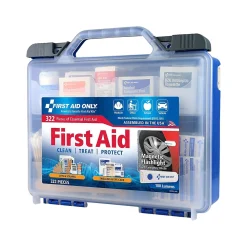 First Aid Only Plastic First Aid Kit with Magnetic Flashlight, 50 People, 322 Pieces, Clear/Blue (91414)
