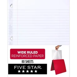 Filler Paper|Five Star Reinforced Wide Ruled Filler Paper, 8" x 10.5", 3-Hole Punched, 80 Sheets/Pack (150002/150034)