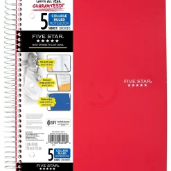 Subject Notebooks|Five Star 5-Subject Notebook, 8.5" x 11", College Ruled, 200 Sheets, (72077) Red