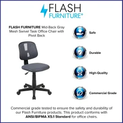 Office Chairs*Flash Furniture Flash Fundamentals Armless Ergonomic Mesh Swivel Mid-Back Task Office Chair, Gray (LF134GY)