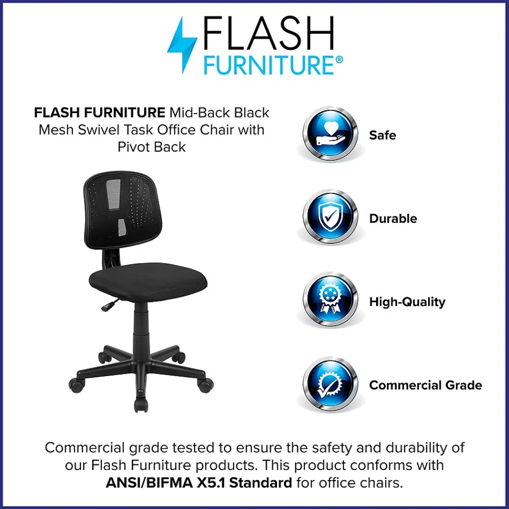 Office Chairs*Flash Furniture Flash Fundamentals Armless Ergonomic Mesh Swivel Mid-Back Task Office Chair, Black (LF134BK)