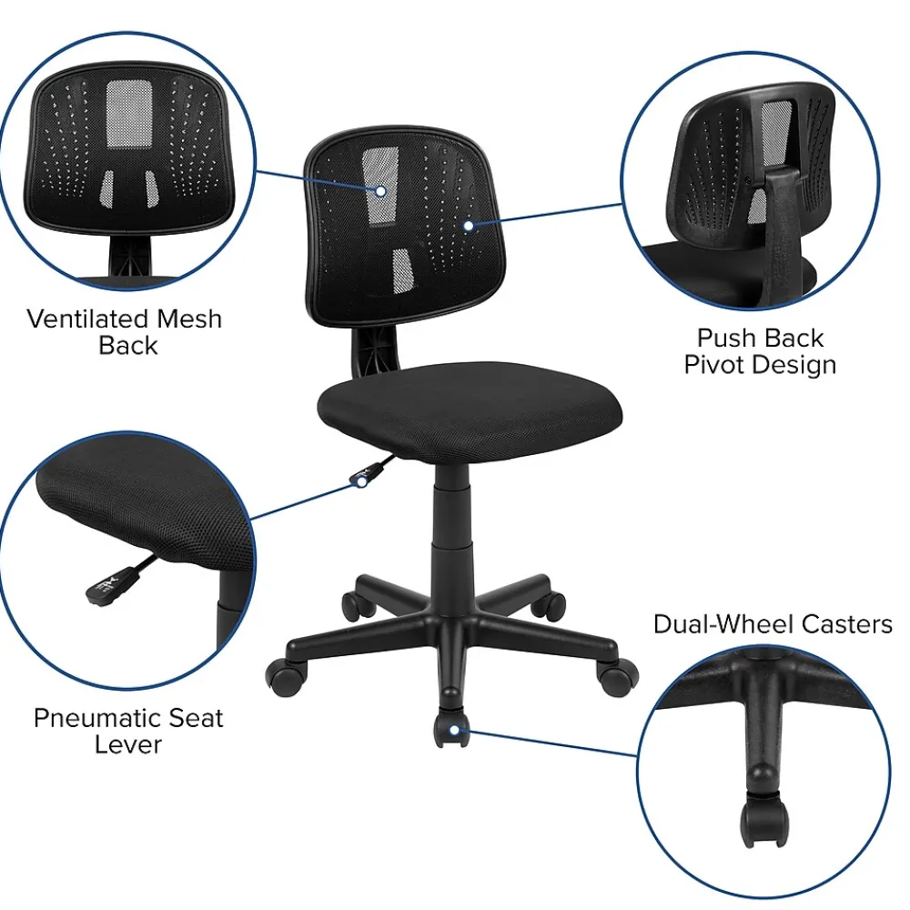 Office Chairs*Flash Furniture Flash Fundamentals Armless Ergonomic Mesh Swivel Mid-Back Task Office Chair, Black (LF134BK)
