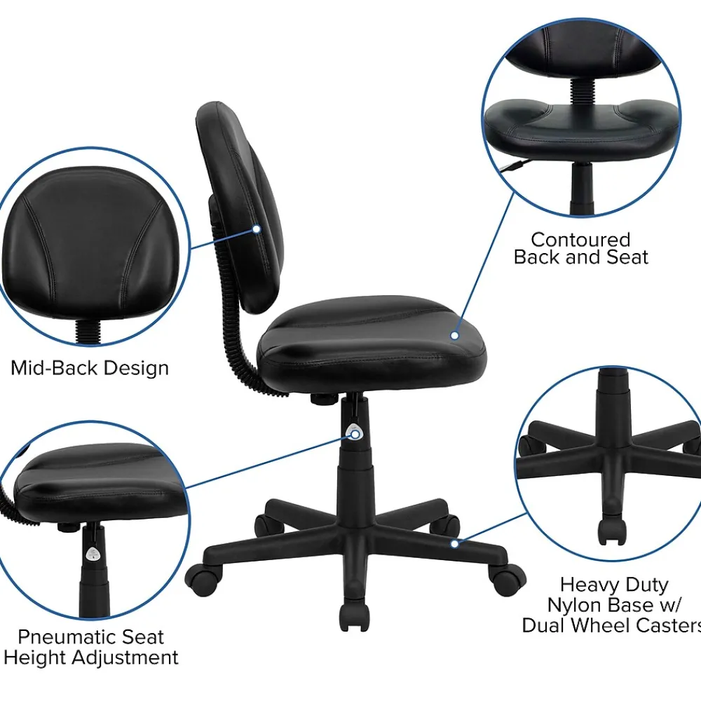 Office Chairs*Flash Furniture Ronald Armless Ergonomic LeatherSoft Swivel Mid-Back Task Office Chair, Black (BT688BK)