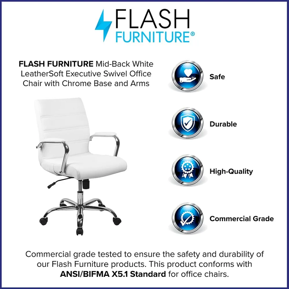 Office Chairs*Flash Furniture Whitney Ergonomic LeatherSoft Swivel Mid-Back Executive Office Chair, White/Chrome (GO2286MWH)
