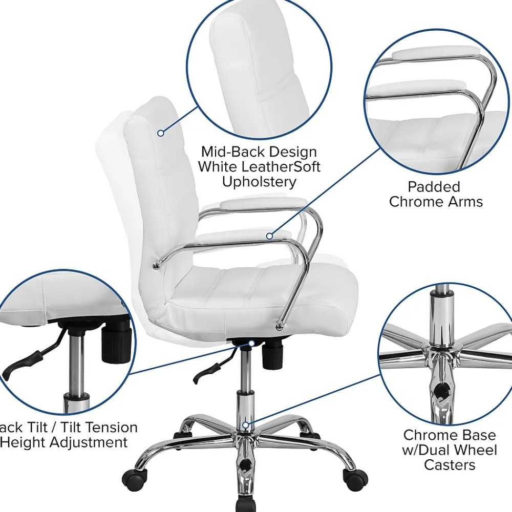 Office Chairs*Flash Furniture Whitney Ergonomic LeatherSoft Swivel Mid-Back Executive Office Chair, White/Chrome (GO2286MWH)