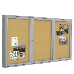 Bulletin*Ghent 4' H x 6' W Enclosed Natural Cork Bulletin Board with Satin Frame, 3 Door (PA34872K)