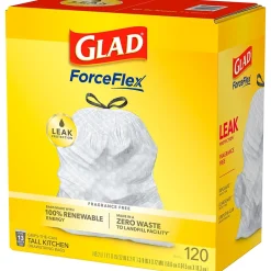 ForceFlex Tall 13 Gallon Kitchen Drawstring Trash Bags, White, 120/Box (78939)<Glad Best