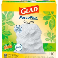 ForceFlex Tall 13 Gallon Kitchen Drawstring White Trash Bags, 110/Box (79098)<Glad Sale