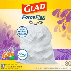 ForceFlex Tall Kitchen Drawstring Trash Bags, 13 Gallon, Gain Lavender with Febreze Freshness, 80 Count (78533)<Glad Outlet