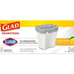 Medium Drawstring Trash Bags with Clorox, 8 Gallon, Grey, Lemon Fresh Bleach Scent, 26/Box(79316)<Glad Sale