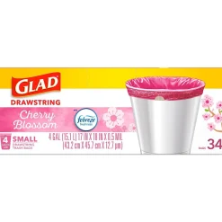 Odorshield 4 Gallon Drawstring Kitchen Trash Bag, Febreeze Cherry Blossom, Pink, 34 Bags/Box (79274)<Glad Sale