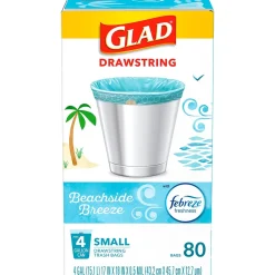 Small Kitchen Drawstring Trash Bags, 4 Gallon, Blue, Febreze Beachside Breeze, 80/Box (79155)<Glad Discount
