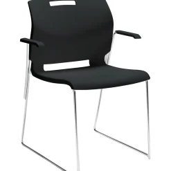Folding & Stacking*Global Popcorn Stack Chair with Arms, Plastic, Asphalt Black, Seat: 18"W x 18"D , Back: 19.5"W x 16"H