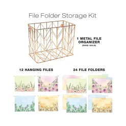 Hanging File Folders|Global Printed Products Deluxe Designer Watercolor Floral Hanging File Folder Kit, 1/3-Cut Tab, Letter Size, Assorted Colors