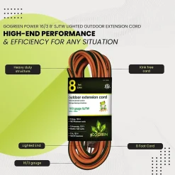 GoGreen Power 16/3 8' Heavy Duty Extension Cord, Lighted End, Orange (GG-13708)