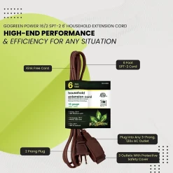 GoGreen Power 6' Extension Cord, 3-Outlet, 16 AWG, Brown (GG-24806-10)