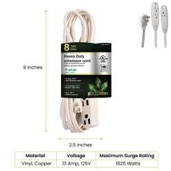 GoGreen Power 8' Extension Cord, 3-Outlet, 16 AWG, White (GG-19608)