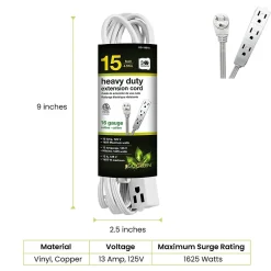 GoGreen Power 15' Extension Cord, 3-Outlet, 16 AWG, White (GG-19615)